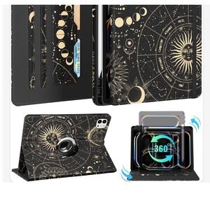 Kidcube iPad Pro 13 Inch M4 2024 Case 360 Rotating Celestial Zodiac‎ Black Gold